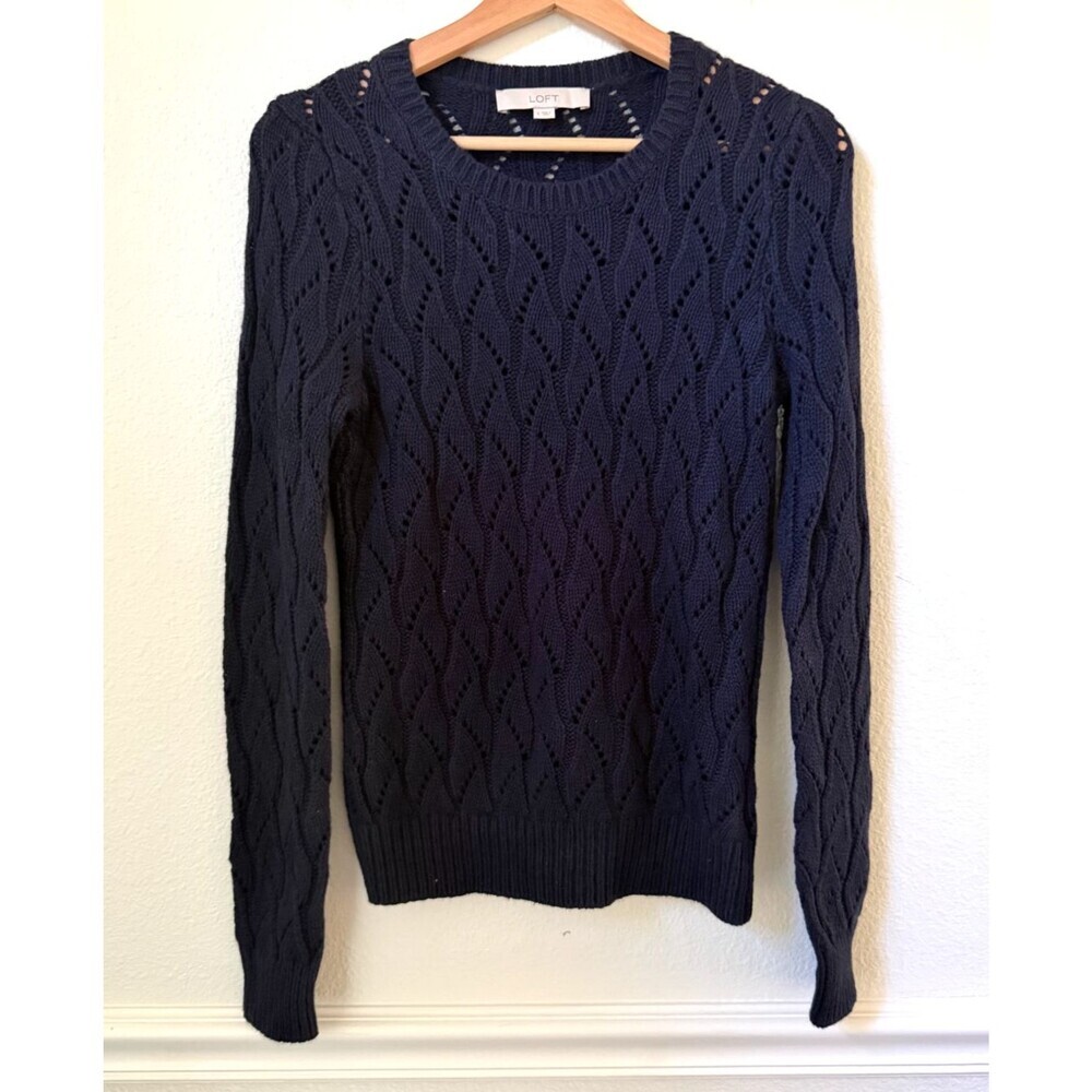 Ann Taylor Loft Rabbit Hair Wool Blend Open Knit Sweater Size S Crewneck Blue